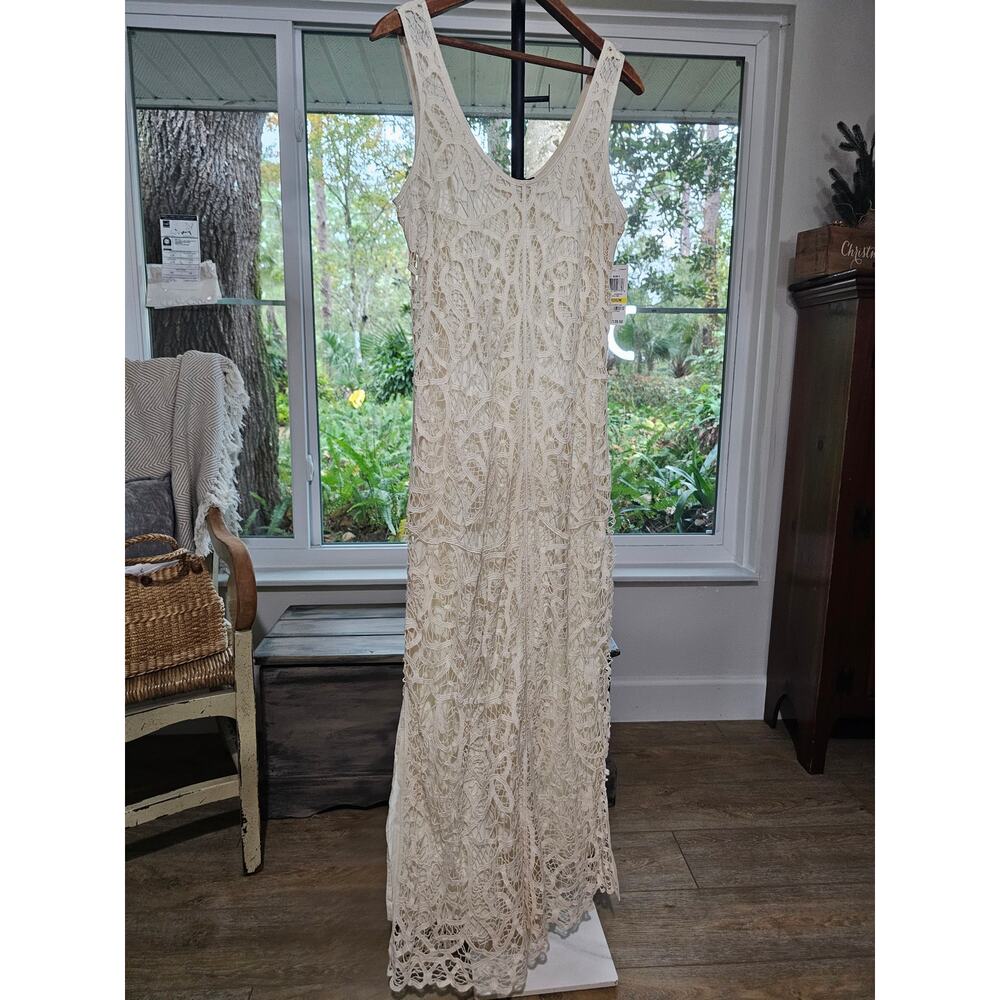 NWT INC Lined Cream Crocheted Lace Full Length Dress Ladies size Medium